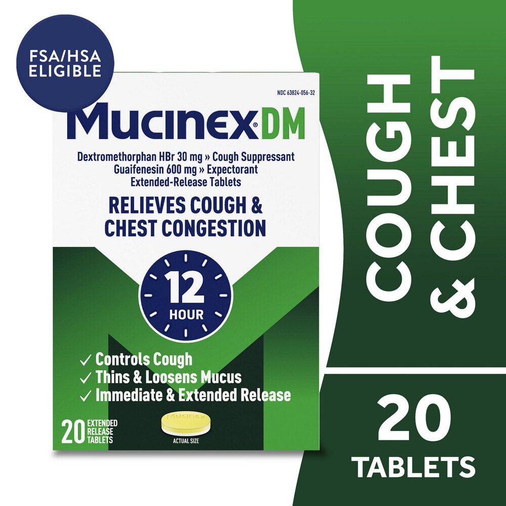Mucinex DM packaging for cough and chest congestion relief with 20 tablets on a green background.