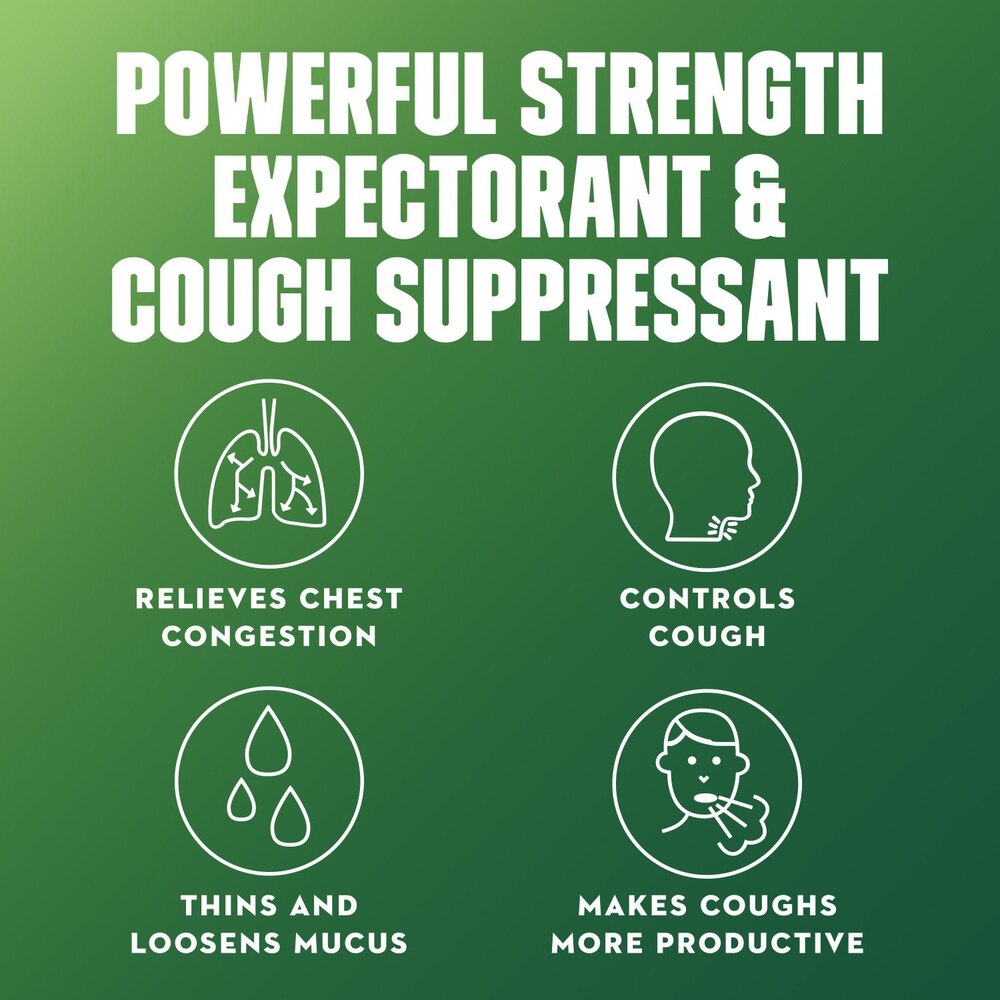 Promotional graphic for a powerful strength expectorant and cough suppressant with icons and text on a green background.