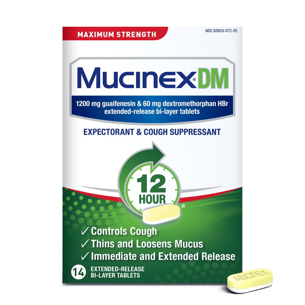 Mucinex DM packaging with 12-hour relief claim on a white background