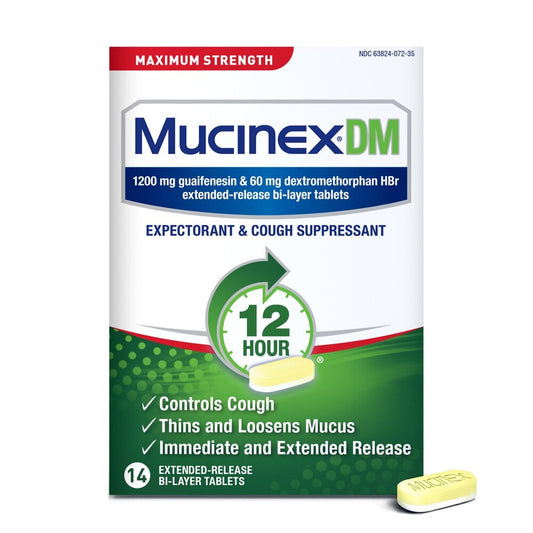 Mucinex DM packaging with 12-hour relief claim on a white background