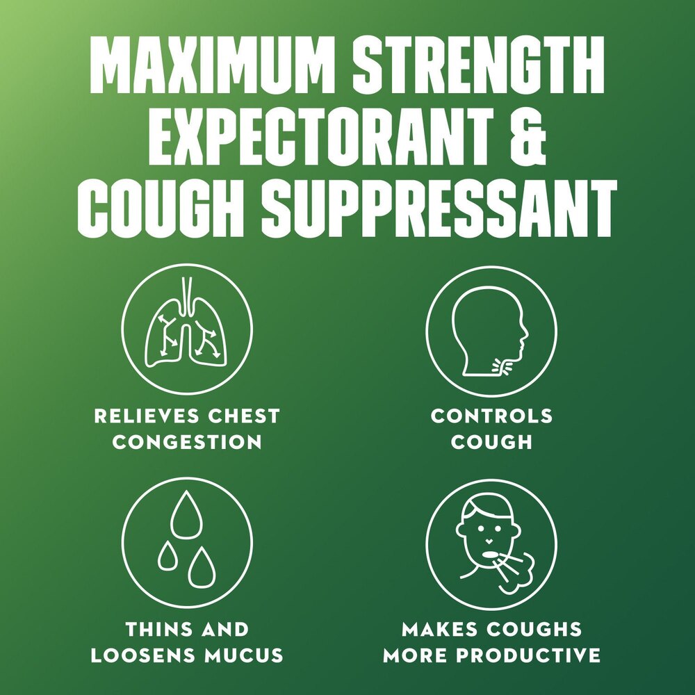 Promotional graphic for a maximum strength expectorant and cough suppressant on a green background with white text and icons.