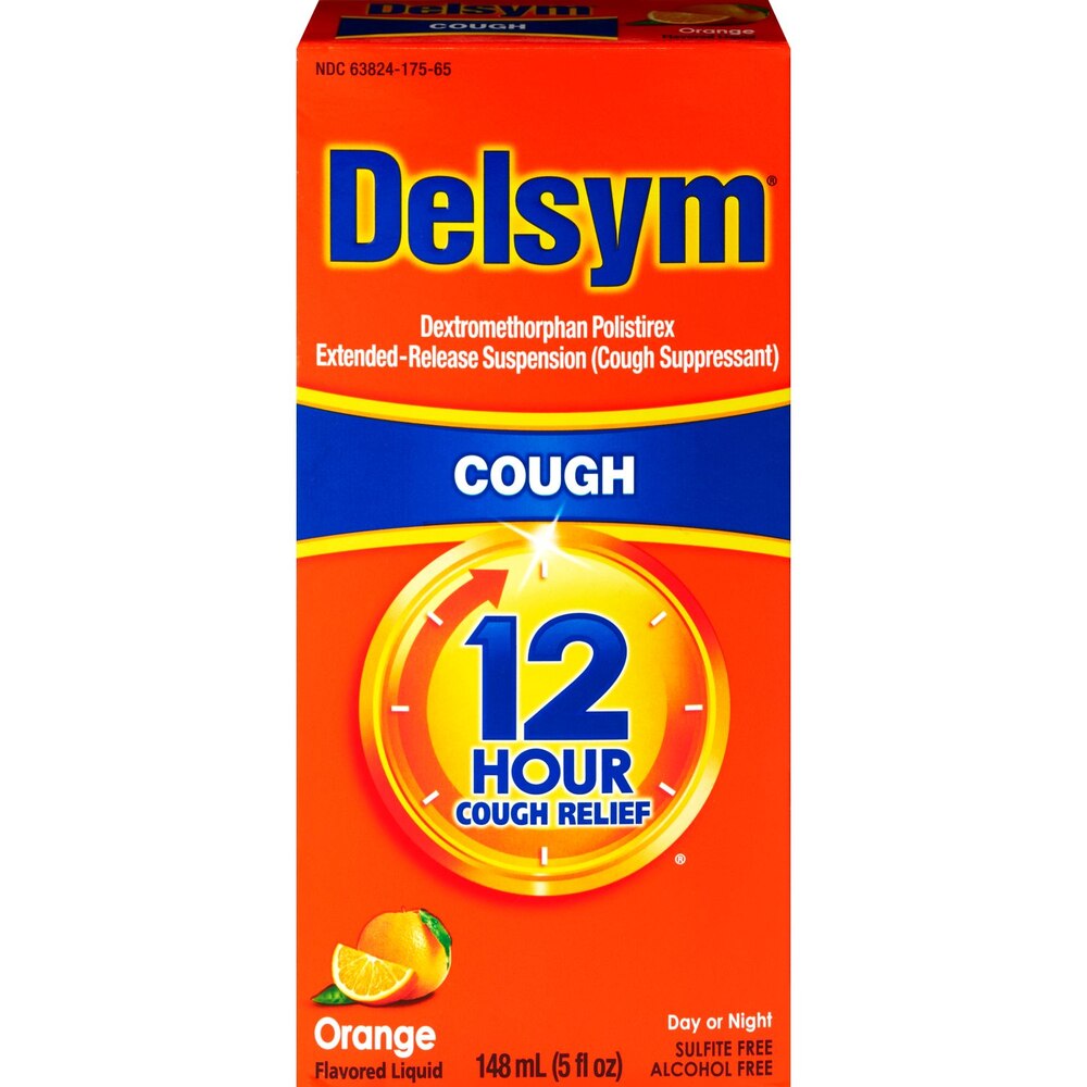 Delsym cough suppressant packaging with orange flavor on a white background