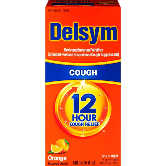 Delsym cough suppressant packaging with orange flavor on a white background