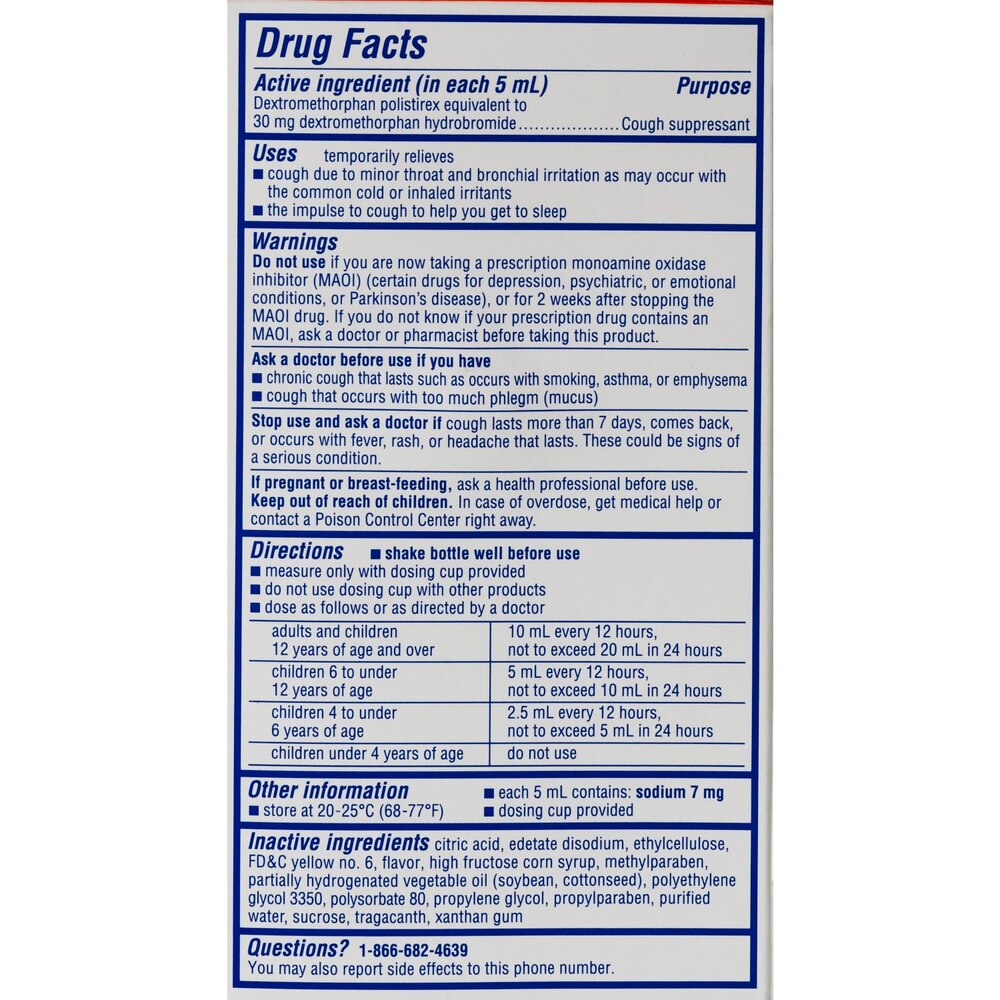 Drug facts label for a cough suppressant with blue and white color scheme.