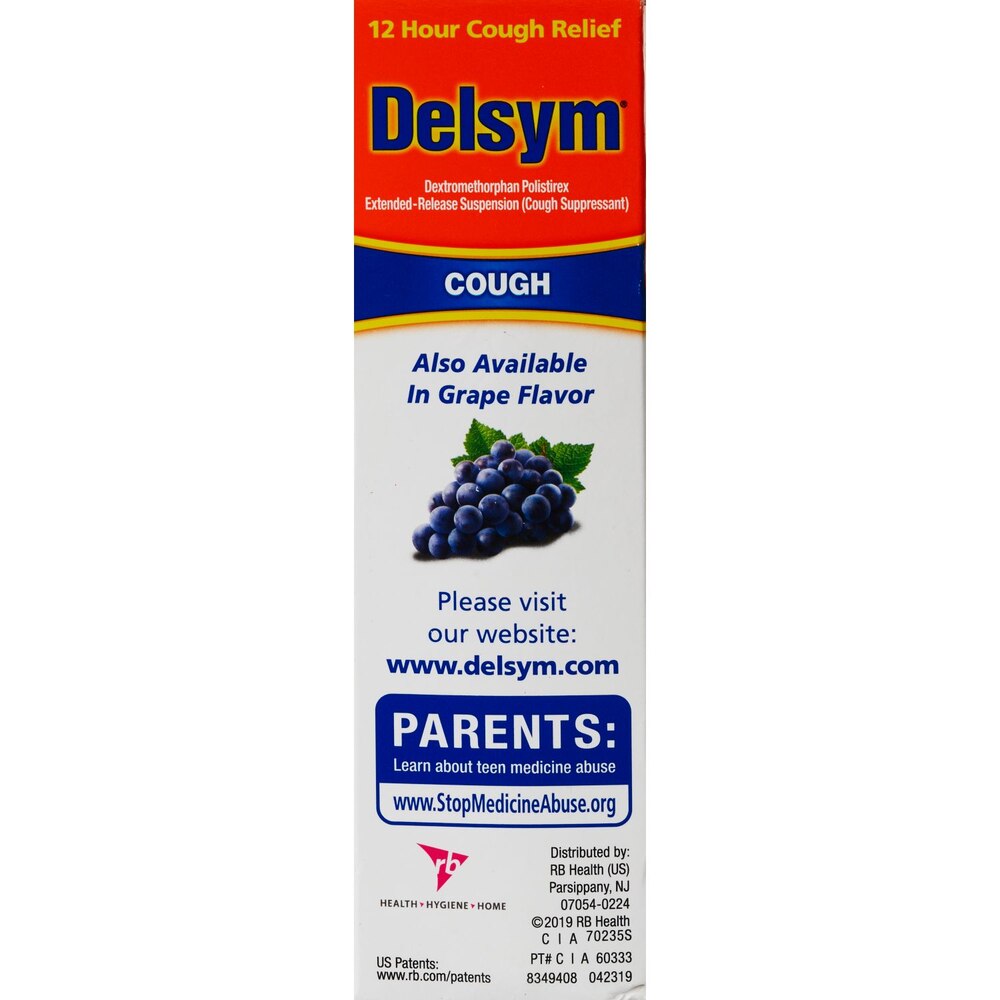 Delsym cough relief packaging with grape flavor indication on a white background