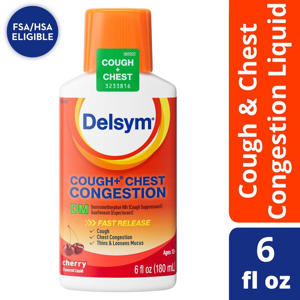 Delsym Cough & Chest Congestion Liquid bottle with cherry flavor on a white background