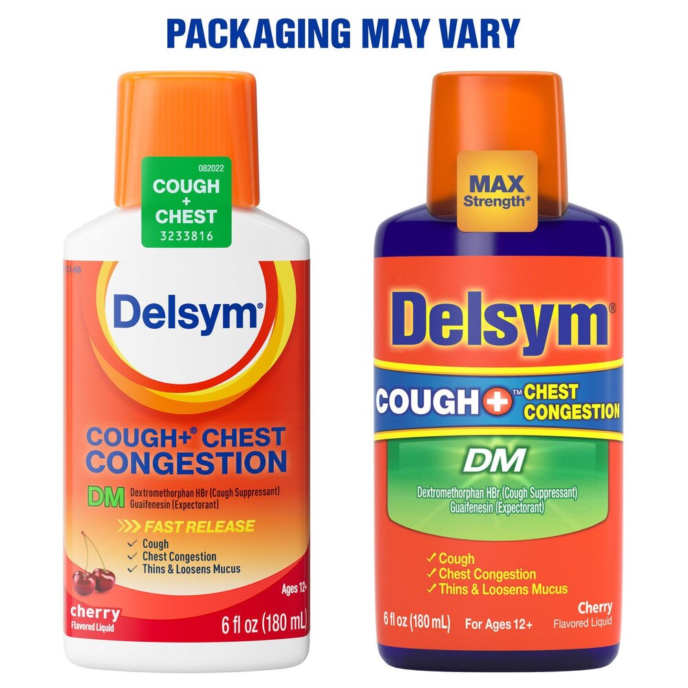 Two bottles of Delsym cough and chest congestion relief medication on a white background.
