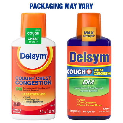 Two bottles of Delsym cough and chest congestion relief medication on a white background.
