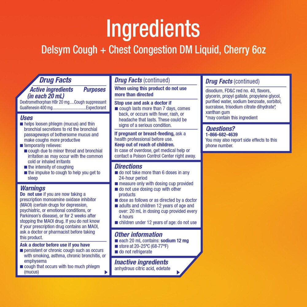 Ingredients label for Delsym Cough + Chest Congestion DM Liquid on a red and orange background