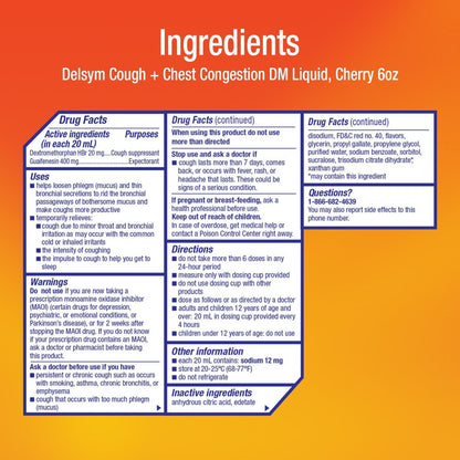 Ingredients label for Delsym Cough + Chest Congestion DM Liquid on a red and orange background