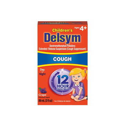 Children's Delsym cough suppressant packaging on a white background
