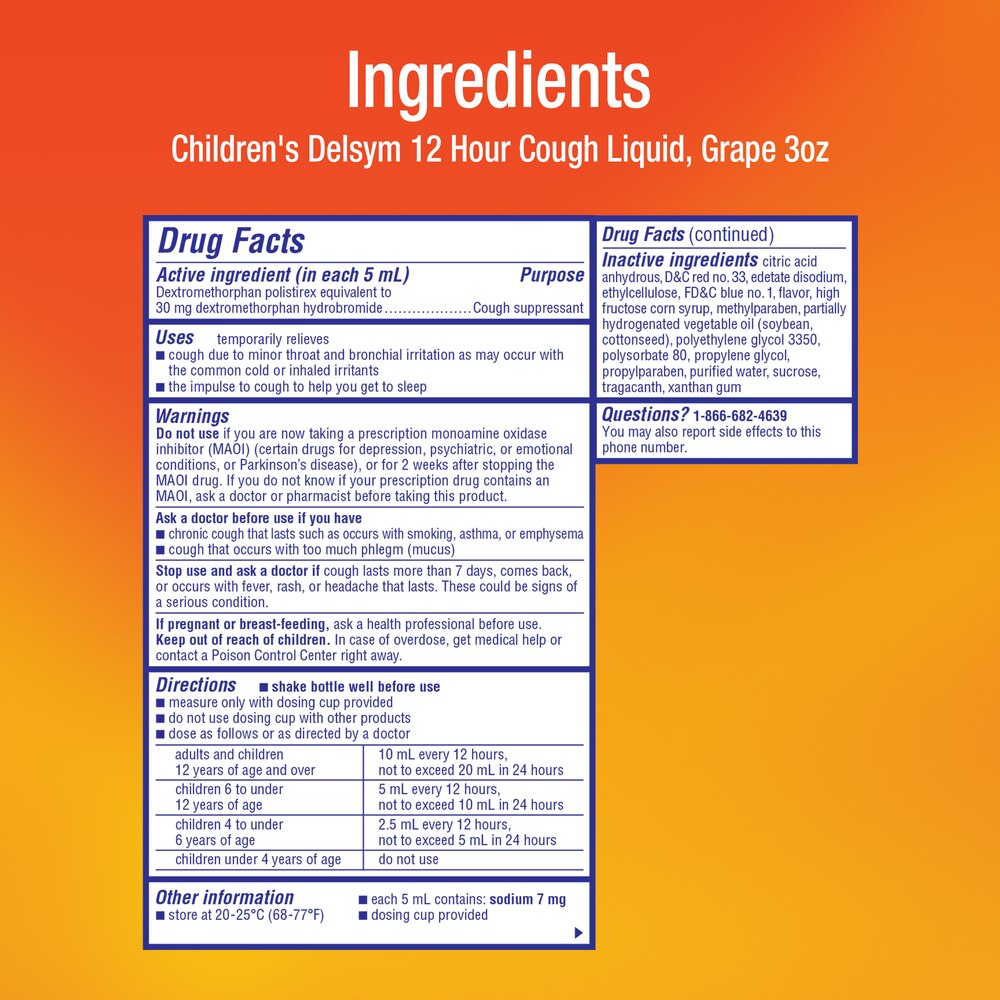 Ingredients label for Children's Delsym 12 Hour Cough Liquid on an orange background