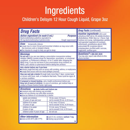 Ingredients label for Children's Delsym 12 Hour Cough Liquid on an orange background