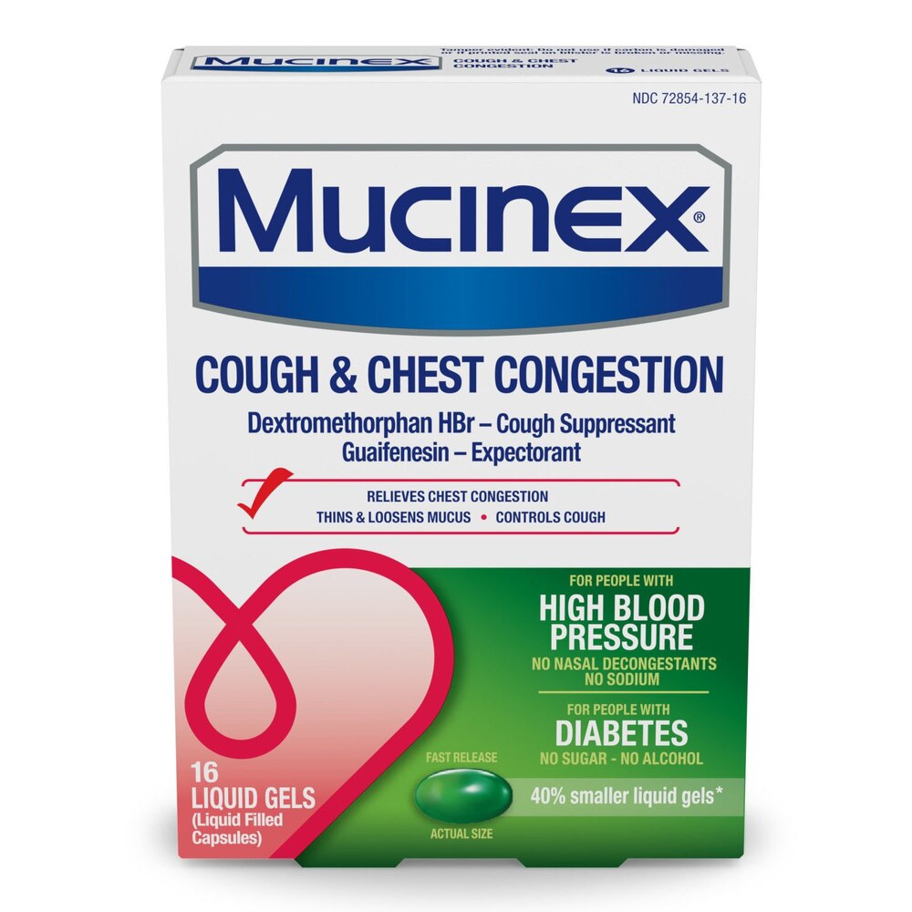 Mucinex Cough & Chest Congestion relief packaging on a white background