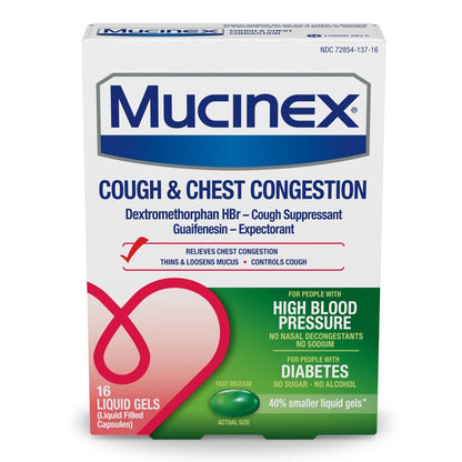 Mucinex Cough & Chest Congestion relief packaging on a white background