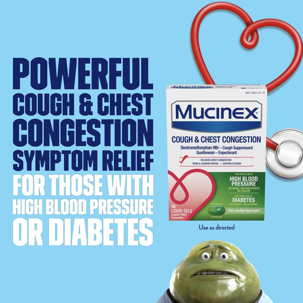 Mucinex package with text about cough and chest congestion relief for those with high blood pressure or diabetes, on a blue background.