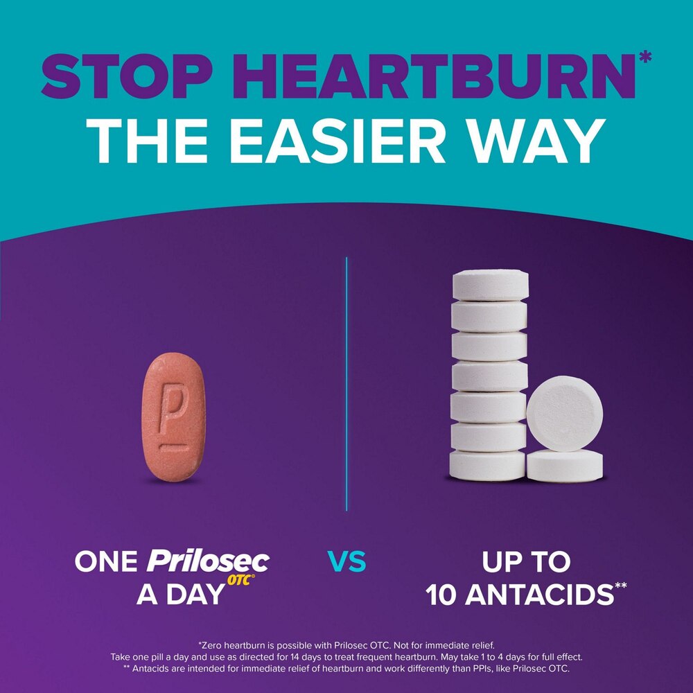 Comparison of Prilosec OTC and antacids for heartburn relief on a purple and teal background.