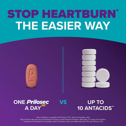Comparison of Prilosec OTC and antacids for heartburn relief on a purple and teal background.