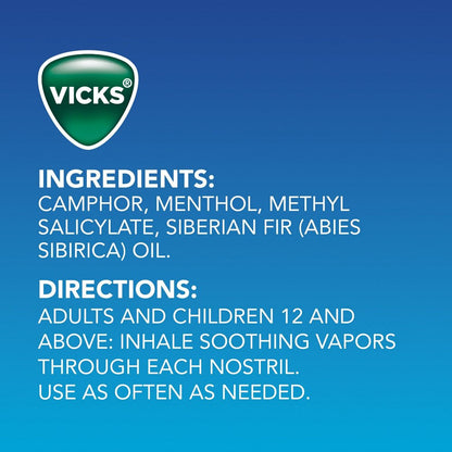 Vicks product information card with ingredients and usage directions on a blue background