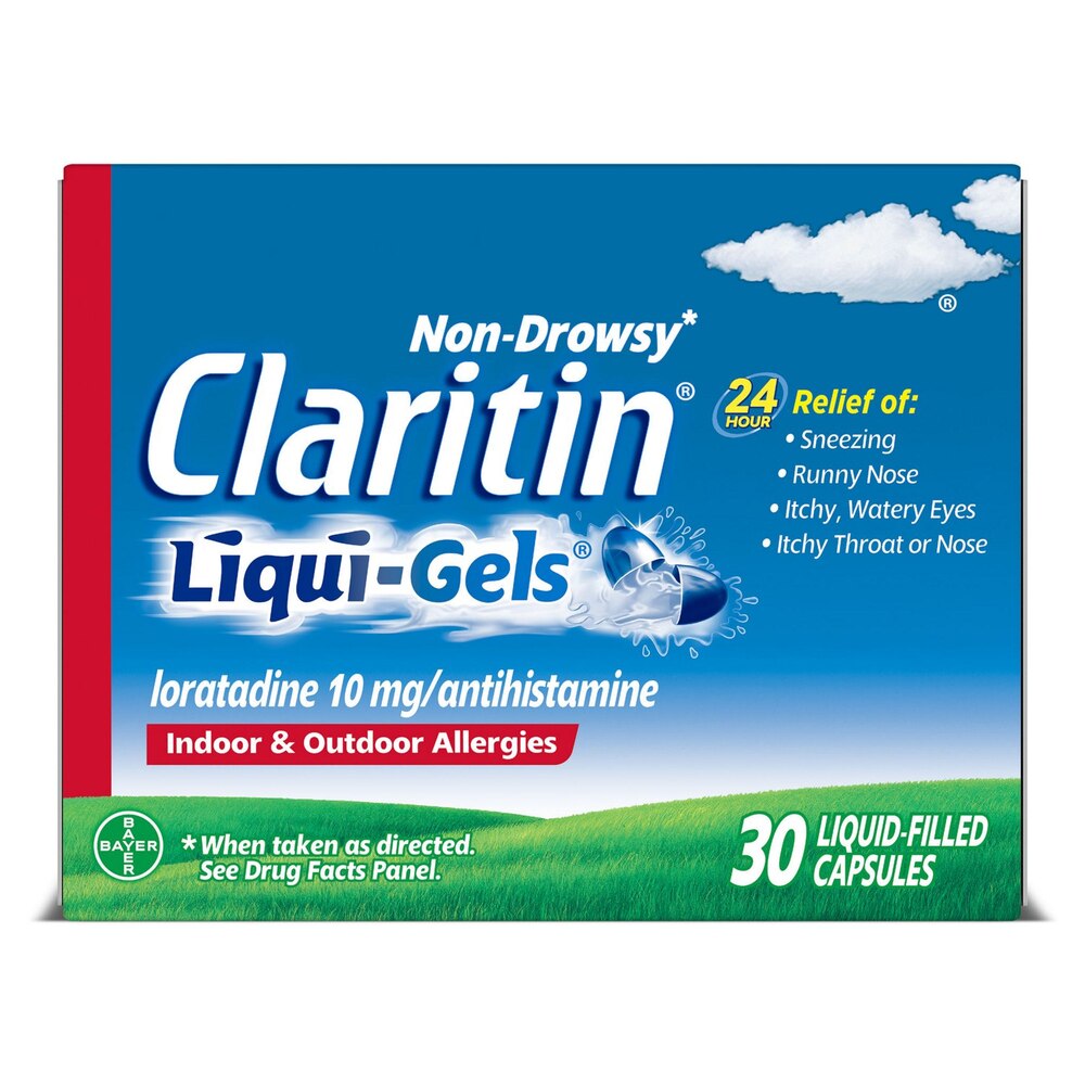 Box of Claritin Liqui-Gels on a white background