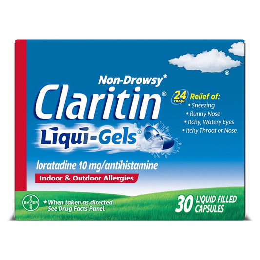 Box of Claritin Liqui-Gels on a white background
