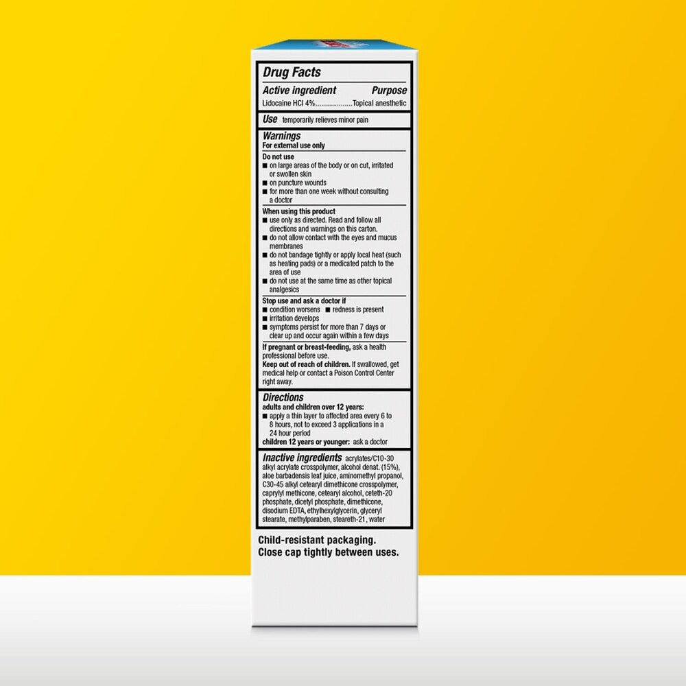 Drug facts label on a white box with a yellow background