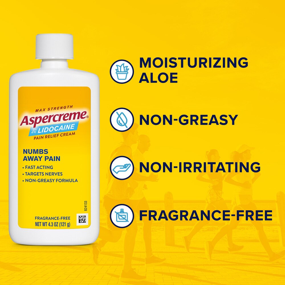 Aspercreme Lidocaine pain relief cream bottle with features on a yellow background