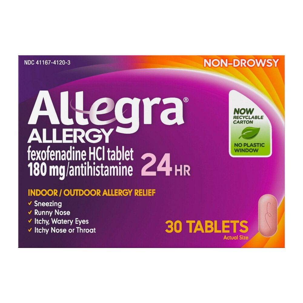 Box of Allegra allergy medication with purple and orange design