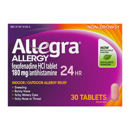 Box of Allegra allergy medication with purple and orange design