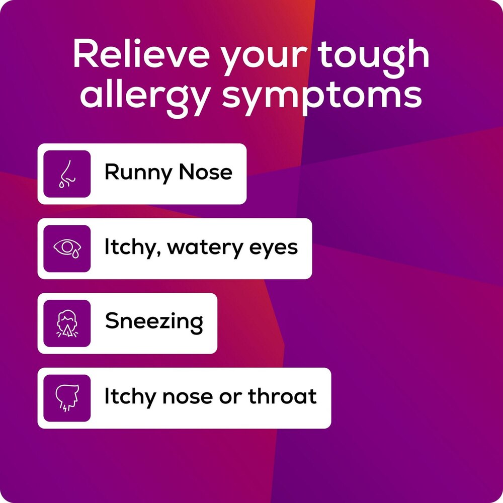 Promotional graphic for allergy symptom relief with a purple and red gradient background.