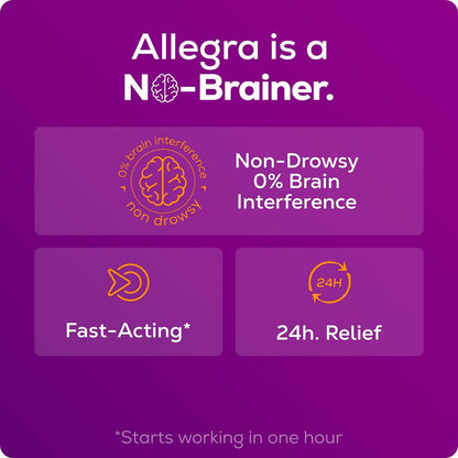 Promotional graphic for Allegra with text about non-drowsy effects and relief duration on a purple background.