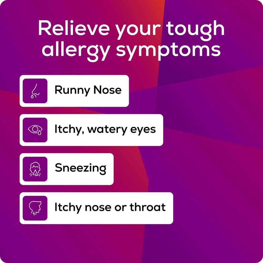Promotional graphic for allergy symptom relief with a purple and red gradient background.