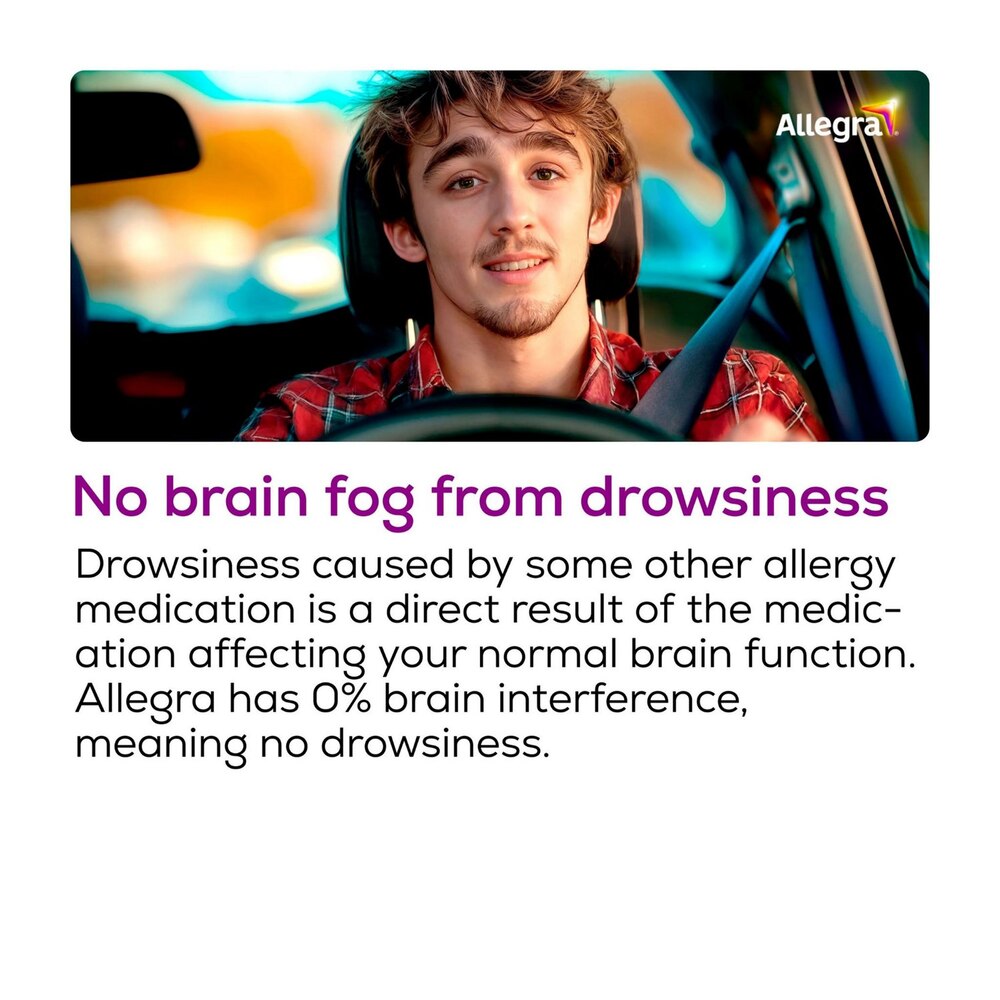 Person in a car with text about Allegra allergy medication and brain fog prevention.