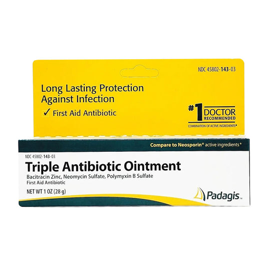 Triple Antibiotic Ointment packaging with yellow and blue labels on a white background