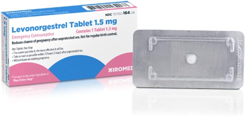 Levonorgestrel tablet packaging with a blue and pink box on a white background