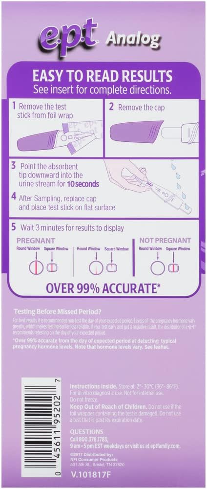 EPT Analog pregnancy test instructions on a purple background