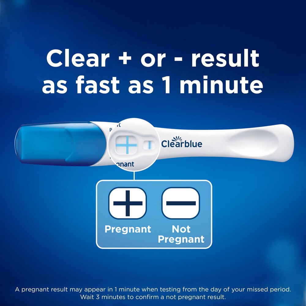 Clearblue pregnancy test on a blue background with text about result time.