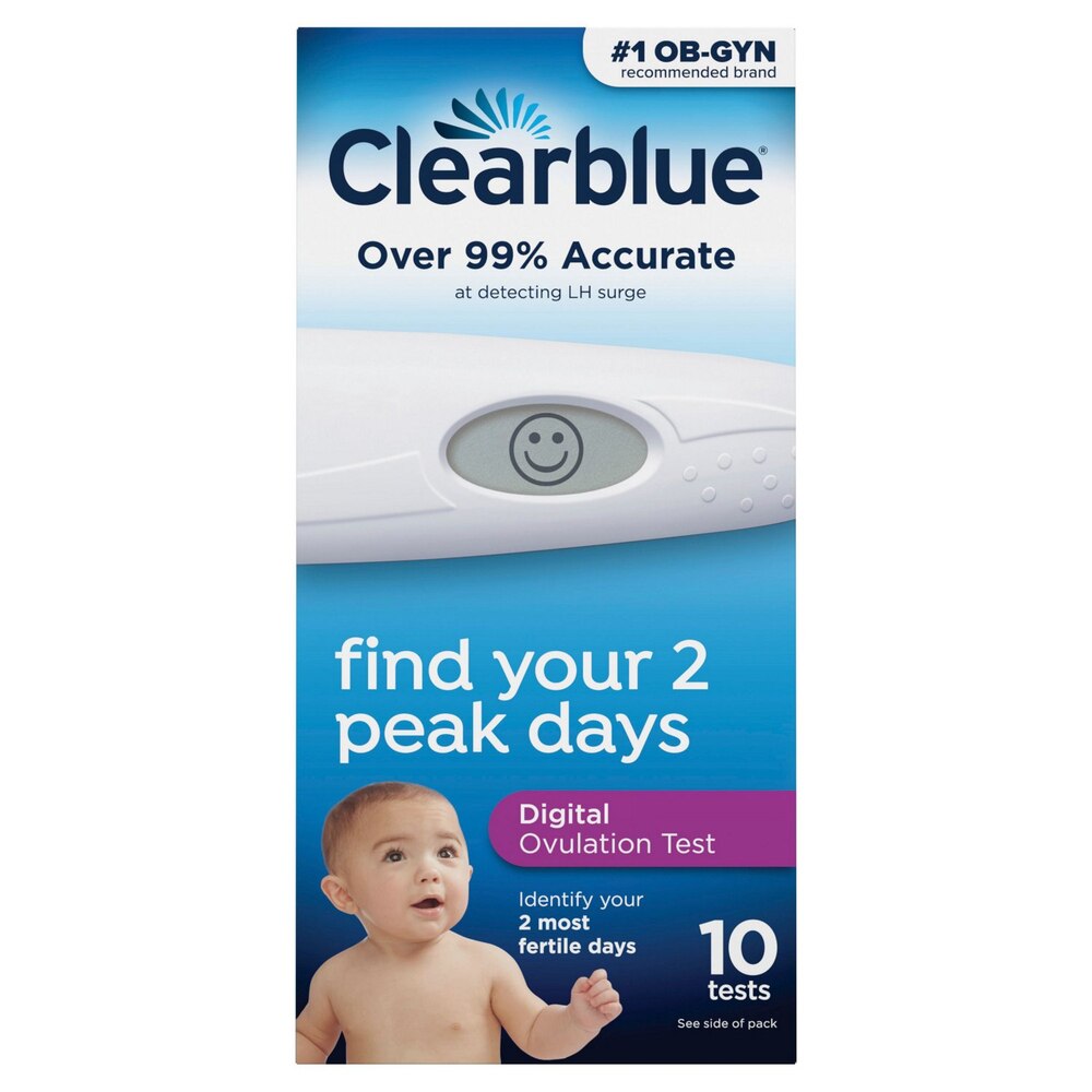 Clearblue digital ovulation test packaging with a baby image on a white background