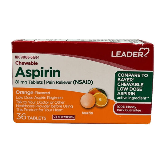 Leader Aspirin Chewable 81 Mg Pain Reliever Tablets, Orange Flavor, 36 EaLeader Aspirin Chewable 81 Mg Pain Reliever Tablets, Orange Flavor