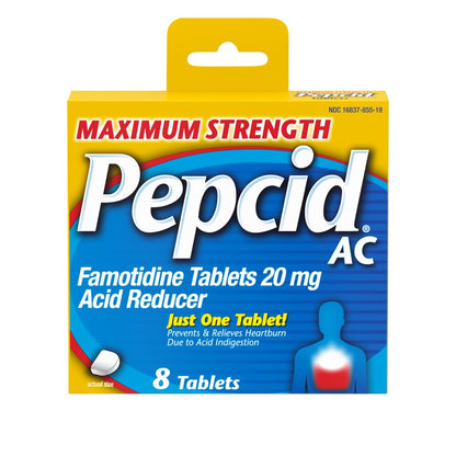 Pepcid AC Maximum Strength acid reducer packaging on a white background