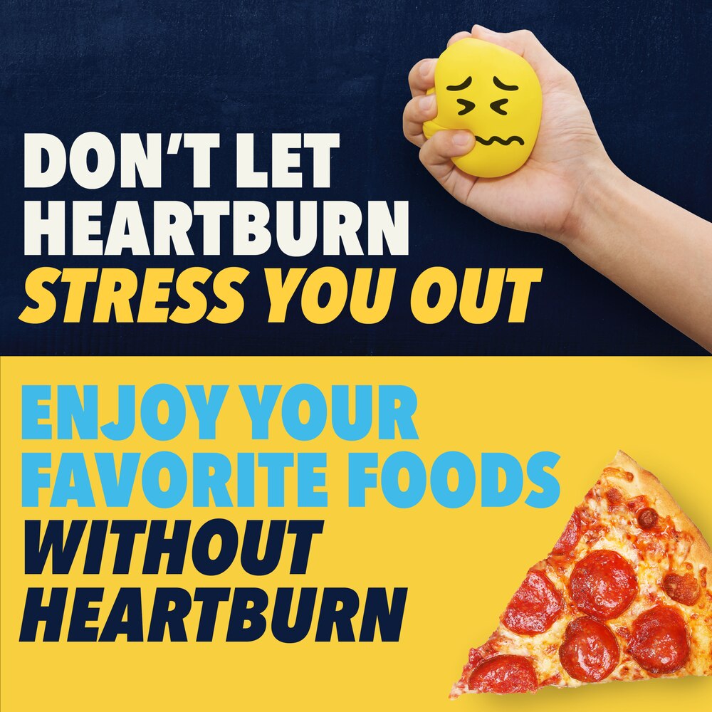 Hand holding a stress ball with text about heartburn and enjoying foods without it, featuring a slice of pizza.