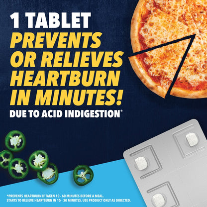 Product advertisement with a pizza and medication, highlighting heartburn relief.