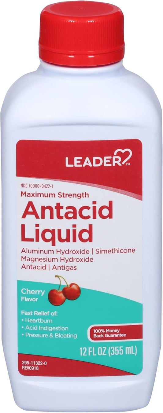 Bottle of Leader Maximum Strength Antacid Liquid with cherry flavor on a white background