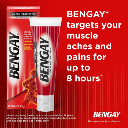 Bengay Ultra Strength topical analgesic cream packaging on a red background
