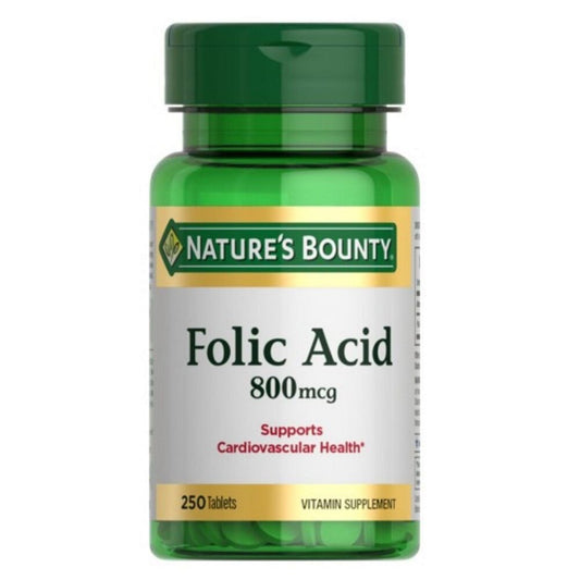 Nature's Bounty Folic Acid supplement bottle on a white background