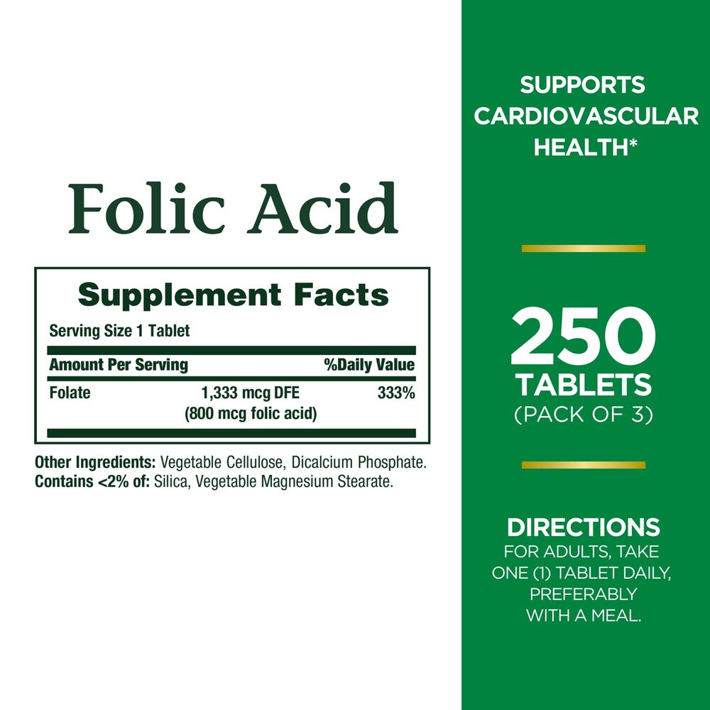Folic acid supplement packaging with supplement facts and directions on a green background