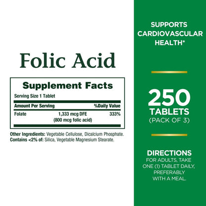 Folic acid supplement packaging with supplement facts and directions on a green background