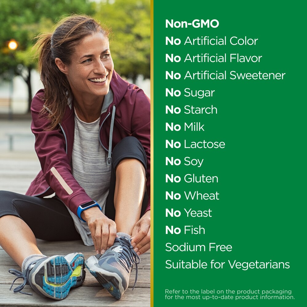 Woman stretching outdoors with a green sidebar listing food allergen information.