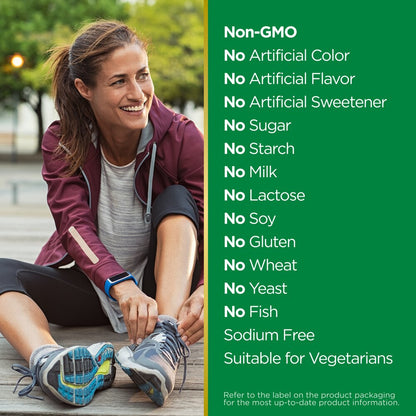Woman stretching outdoors with a green sidebar listing food allergen information.