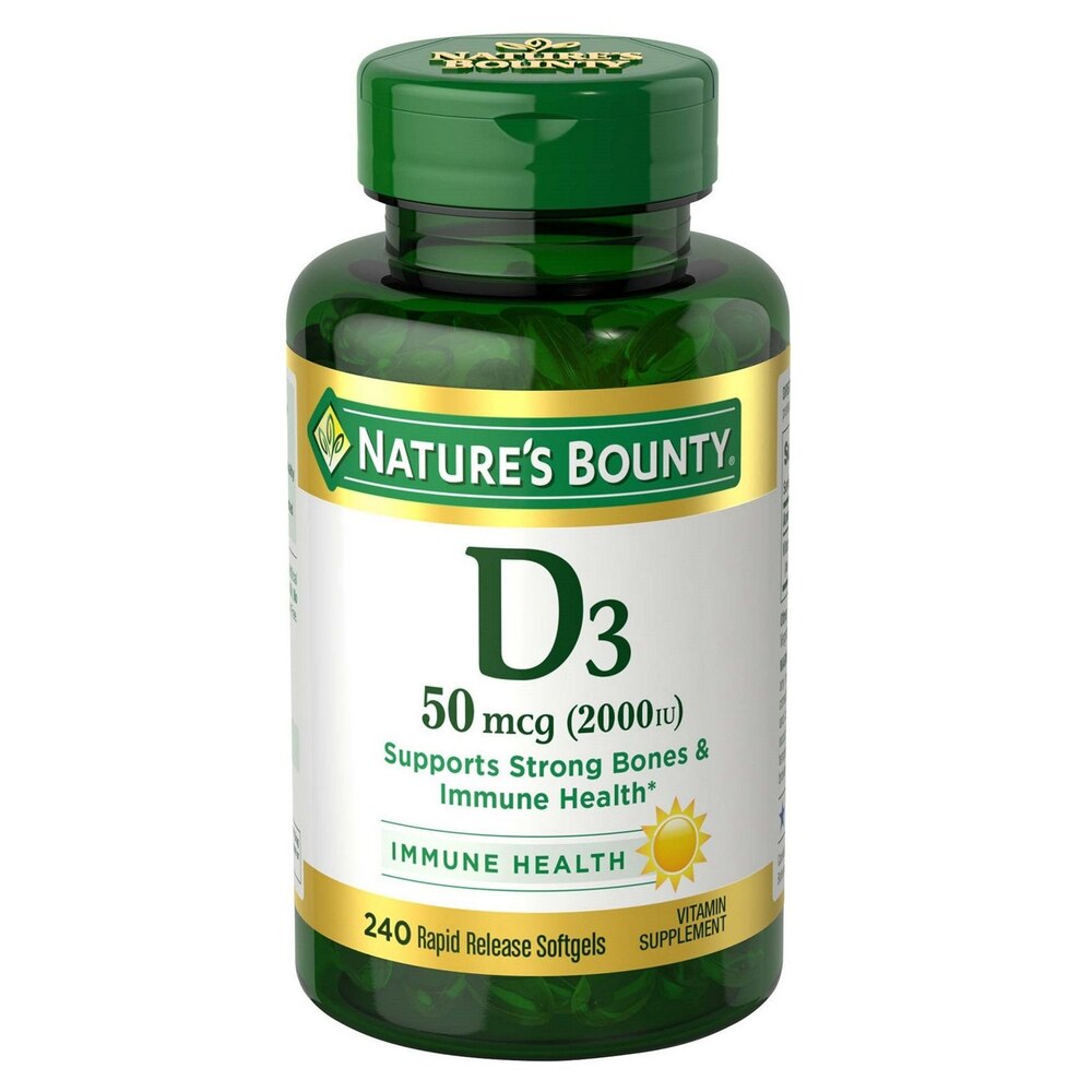 Nature's Bounty D3 vitamin supplement bottle on a white background